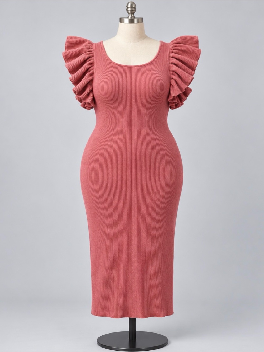 Say What? Ribbed Midi Dress with Statement Flutter Sleeves in Dusty Rose